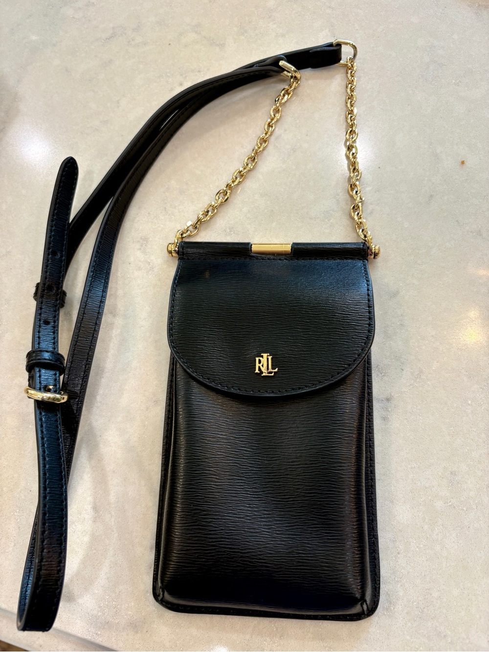 Ralph Lauren Black Leather Crossbody Phone Pouch with Gold Chain Accent